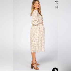 PinkBlush Cream Floral Smocked Bubble Sleeve Maternity Midi Dress